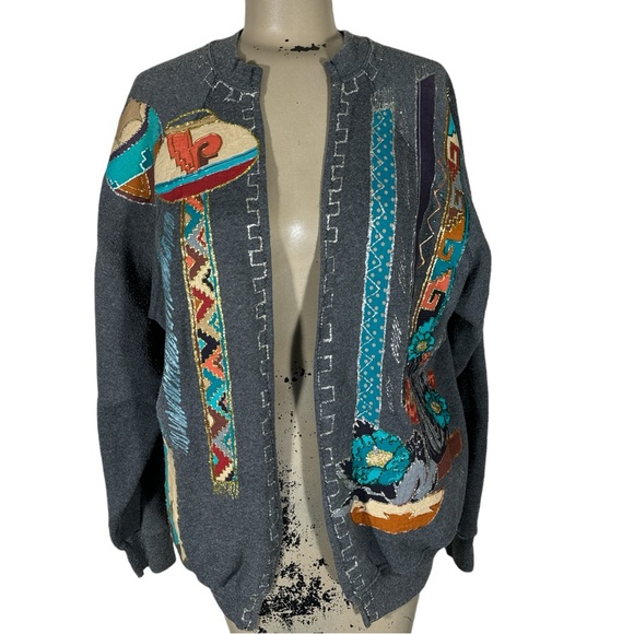 VTG Hand Painted Appliqué Southwest Pottery Aztec Wearable Art Sweatshirt Signed - Picture 1 of 9